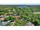 Aerial view of a neighborhood, showcasing homes, mature trees, and a lake in the distance at 17108 Longacres Ln, Odessa, FL 33556