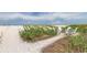 A white sandy beach with a fire pit and Adirondack chairs with the ocean in the background at 19816 Gulf Boulevard # 201, Indian Shores, FL 33785