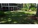Exterior view of backyard and side yard featuring bench shaded by trees and large grassy area at 2101 Fox Chase Blvd # 102, Palm Harbor, FL 34683