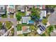 A high angle shows a neighborhood with a house featuring a screened pool and green yard at 5248 Coral N Way, St Petersburg, FL 33714