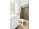 This bathroom features white vanity with sink, mosaic tile, a walk-in shower and white cabinet above at 6426 31St S St, St Petersburg, FL 33712
