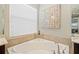 Bathroom featuring granite counters, dark cabinets, bathtub with tile surround at 30174 Southernwood Ct, Wesley Chapel, FL 33543