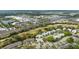 Aerial view features neighborhood homes with nearby shops, and a pond at 3254 Lori Ln, New Port Richey, FL 34655