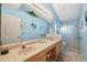 Charming blue bathroom featuring a double sink vanity and a glass-enclosed shower at 3254 Lori Ln, New Port Richey, FL 34655