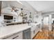 Modern kitchen featuring a view into an open concept living room and stone fireplace at 4803 Longwater Way, Tampa, FL 33615