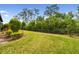 Well-manicured backyard with lush green lawn, mature trees, and rod iron boundary fence at 8725 Sorano Villa Dr, Tampa, FL 33647