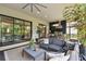 Inviting screened patio featuring a cozy seating area, outdoor kitchen, and view of the backyard at 8725 Sorano Villa Dr, Tampa, FL 33647