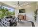 Charming screened-in patio offering a relaxing seating area, TV, and peaceful backyard views at 8725 Sorano Villa Dr, Tampa, FL 33647