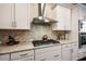 Close-up view of the kitchen's granite countertops, stainless steel appliances, and mosaic tile backsplash at 13917 Kingfisher Glen Dr, Lithia, FL 33547