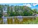 Scenic waterfront featuring a long pier, surrounded by mature trees and tranquil waters at 1496 Queen Anne Dr, Palm Harbor, FL 34684