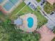 Overhead view of a kidney-shaped pool surrounded by lounge chairs and tables, perfect for relaxation and leisure at 2934 Lichen Ln # A, Clearwater, FL 33760
