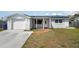 Charming single-story home featuring a brick and stucco facade, solar panels, and a well-manicured lawn at 3207 Coldwell Dr, Holiday, FL 34691