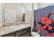 Bathroom featuring a granite countertop vanity with a white sink and Spider-Personal shower curtain at 6674 Cobble Bliss St, Zephyrhills, FL 33541