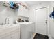 Bright laundry room features a sink, white cabinets, wire shelving, and modern washer and dryer at 775 Brittany Park Blvd, Tarpon Springs, FL 34689