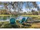 Spacious backyard with a pond, chairs, and a swing at 8403 Southwood Pines St, Lithia, FL 33547