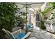 Charming patio area featuring lounge chairs under a sun umbrella surrounded by tropical greenery at 10608 Gretna Green Dr, Tampa, FL 33626