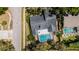 Birds-eye view of the property highlighting the roof, pool, and mature landscaping at 11510 Moffat Pl, Temple Terrace, FL 33617