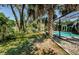 View of the backyard with lush greenery, shade trees, and the screened-in pool at 11510 Moffat Pl, Temple Terrace, FL 33617