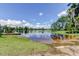 Community lake featuring a small dock, abundant greenery, and calm water at 11510 Moffat Pl, Temple Terrace, FL 33617