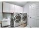 Well-equipped laundry room with white cabinets, utility sink, and front-load washer/dryer at 12170 Lake Allen Dr, Largo, FL 33773