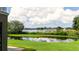 Scenic backyard view of a tranquil lake surrounded by lush greenery and reflections of the sky at 12170 Lake Allen Dr, Largo, FL 33773