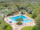 Resort style community pool featuring palm trees, lounge seating, and shaded tables, perfect for relaxation at 15723 Starling Water Dr, Lithia, FL 33547