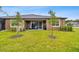 Well-maintained backyard with green lawn, patio seating, and young trees at 19370 Hawk Valley Dr, Tampa, FL 33647