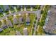 Aerial view showcasing property lines of a home with a screened-in pool, surrounded by a green lawn and neighborhood streets at 2121 Secret Cv, Odessa, FL 33556