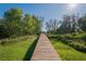 Picturesque wooden dock extending into a tranquil lake, surrounded by lush greenery and a clear blue sky at 21604 Draycott Way, Land O Lakes, FL 34637