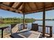 Relaxing lakeside gazebo featuring a table and chairs, perfect for enjoying the serene water views at 21604 Draycott Way, Land O Lakes, FL 34637