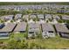 An aerial view of a neighborhood featuring water views, well-maintained lawns, and manicured landscaping at 4777 Ballantrae Blvd, Land O Lakes, FL 34638