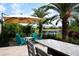 Relaxing patio area with comfortable seating and umbrella, overlooking lush landscaping and serene water view at 4777 Ballantrae Blvd, Land O Lakes, FL 34638