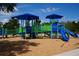 Community playground featuring colorful blue and green play structures, slides and wood chip ground covering at 4777 Ballantrae Blvd, Land O Lakes, FL 34638