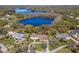 Stunning aerial view of a luxurious estate home on the lake with a private dock and beautifully landscaped grounds at 16119 Carencia Ln, Odessa, FL 33556