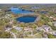 Picturesque aerial view of an estate home surrounded by mature trees and a serene lake, offering privacy and beauty at 16119 Carencia Ln, Odessa, FL 33556