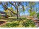 Expansive backyard with lush green lawn, mature trees, and a black metal fence at 16119 Carencia Ln, Odessa, FL 33556