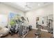 Home gym with fitness equipment, weights, and a large mirror at 16119 Carencia Ln, Odessa, FL 33556