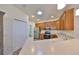 Well lit kitchen with stainless steel appliances and wooden cabinetry, featuring a bright skylight and white countertops at 1916 Inverness Greens Dr, Sun City Center, FL 33573