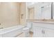 Bathroom with bathtub, tile walls, toilet, vanity, and large mirror at 30900 Spruceberry Ct, Wesley Chapel, FL 33543