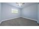 Bright bedroom featuring a ceiling fan, neutral color paint, blinds, and carpeted flooring at 3143 Mission Grove Dr, Palm Harbor, FL 34684