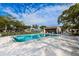 The Community pool is surrounded by lounge chairs and lush landscaping at 3143 Mission Grove Dr, Palm Harbor, FL 34684