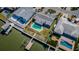 Aerial shot of waterfront properties with private pools, docks, and well-maintained lawns in coastal setting at 5434 Oakhurst Dr, Seminole, FL 33772