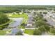 Community aerial view featuring scenic pond and lush landscaping, creating a peaceful neighborhood setting at 18150 Leamington Ln, Land O Lakes, FL 34638