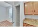 Kitchen pantry with wire shelving and tan cabinets with granite countertop at 2119 Kings Palace Dr, Riverview, FL 33578