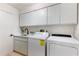 Modern laundry room with sink, white cabinetry, and energy-efficient washer and dryer at 2449 Running Oak Ct, Spring Hill, FL 34608