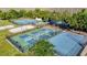 Aerial view of well-maintained pickleball courts with green and blue surfaces, and recreational players at 28402 Openfield Loop, Wesley Chapel, FL 33543