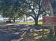 Scenic view of R.E. Olds Park, featuring lush trees, a parking area, and waterfront views beyond at 613 Chestnut St, Oldsmar, FL 34677