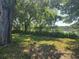 Grassy backyard with mature trees, fence, and view of the lake at 704 Lemonwood Dr, Oldsmar, FL 34677