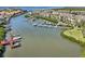 Aerial shot capturing a series of boat docks extending into a channel with residences and greenery along the banks at 8408 Flagstone Dr, Tampa, FL 33615