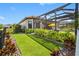 Landscaped backyard boasts a well-manicured lawn, decorative rocks, and a screened-in patio with a pool at 10505 Inglenook Ter, Palmetto, FL 34221